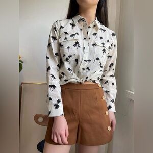 Long Sleeve Pointed Collar Dry Silk Shirt in Palm Tree Print